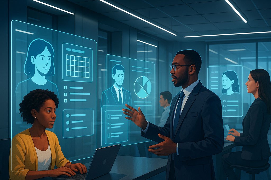Professionals using AI-powered avatars on holographic screens to manage tasks and schedules in a futuristic office.