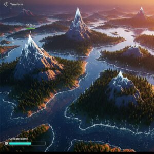 Real-time world generation creating diverse landscapes in a virtual game environment.