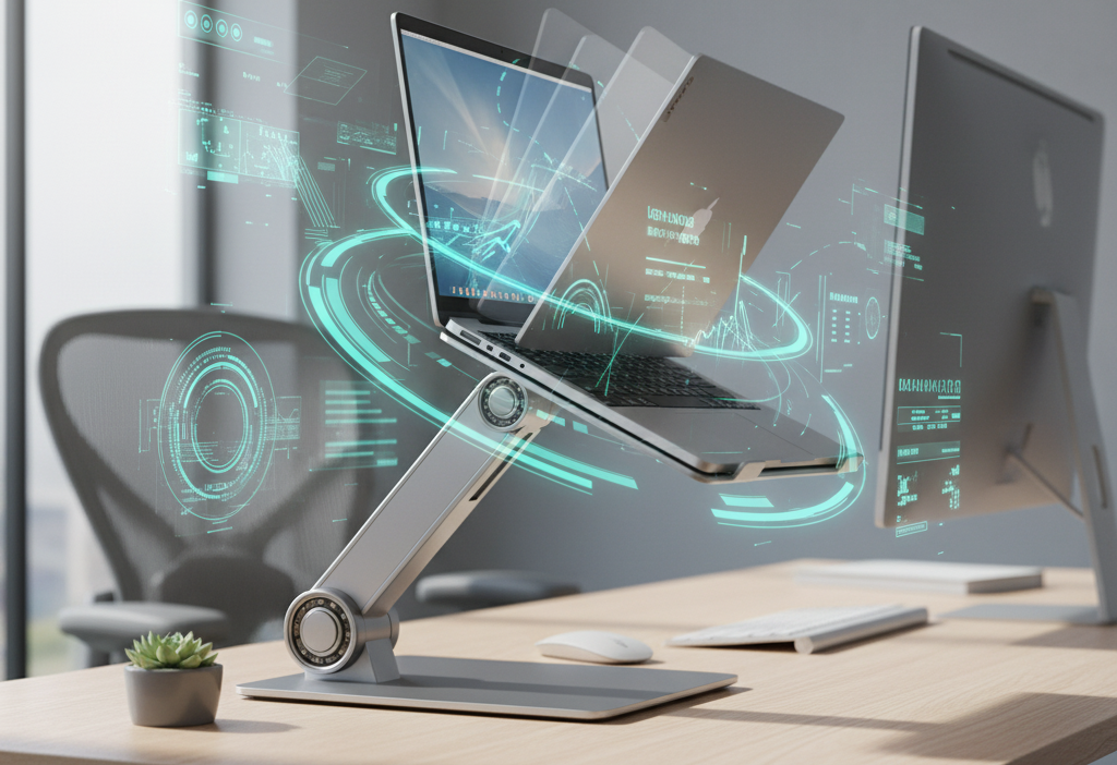 Lenovo Smart Motion Concept motorized laptop stand adjusting a laptop automatically on a home office desk.