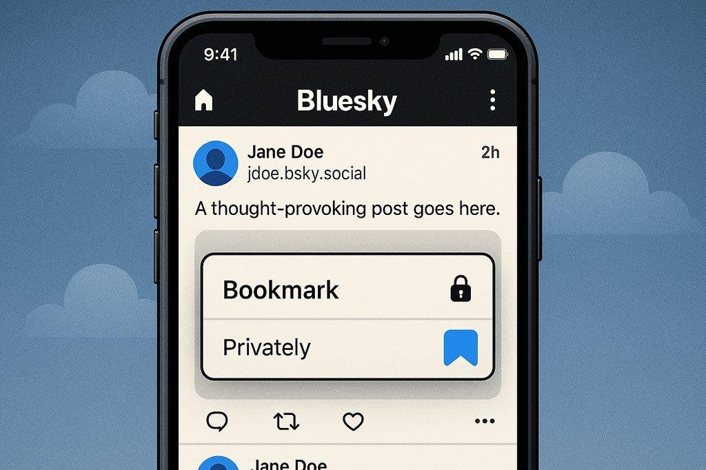 Smartphone displaying Bluesky app with private bookmarks, demonstrating discreet content saving.