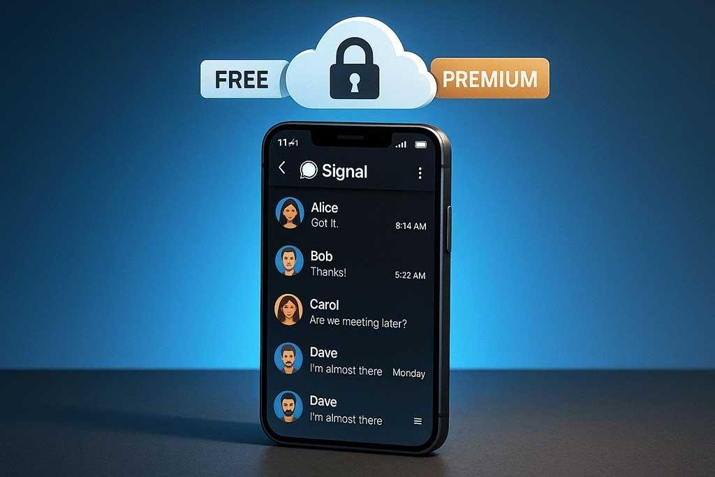 Smartphone with Signal chat backups to cloud storage, showing free and premium tiers, illustrating secure messaging.
