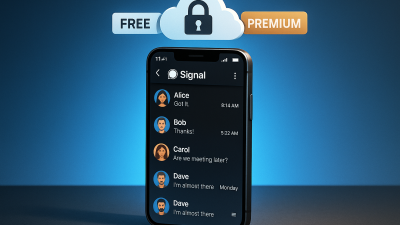 Smartphone with Signal chat backups to cloud storage, showing free and premium tiers, illustrating secure messaging.
