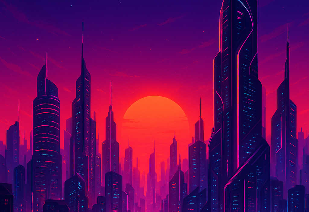 AI-generated neon-lit futuristic cityscape created using Snapchat AI Lens