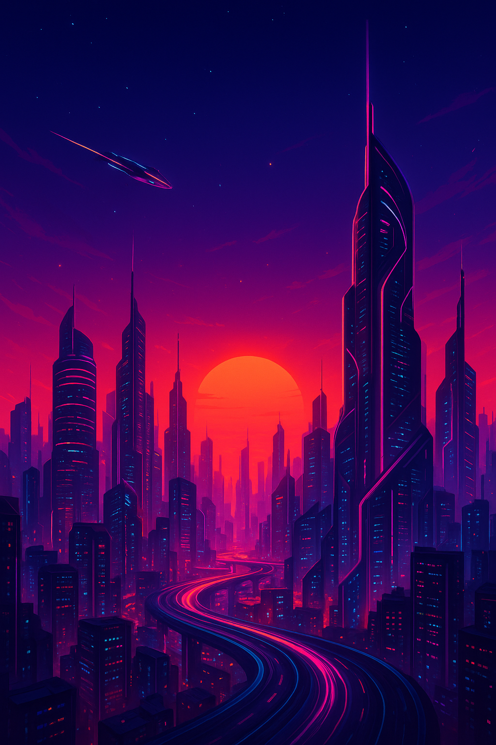 AI-generated neon-lit futuristic cityscape created using Snapchat AI Lens