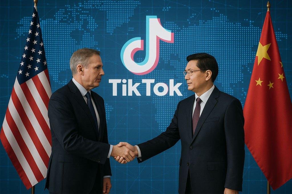 U.S. and Chinese representatives shake hands, highlighting the landmark TikTok deal amid unclear official terms.