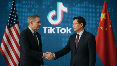 U.S. and Chinese representatives shake hands, highlighting the landmark TikTok deal amid unclear official terms.