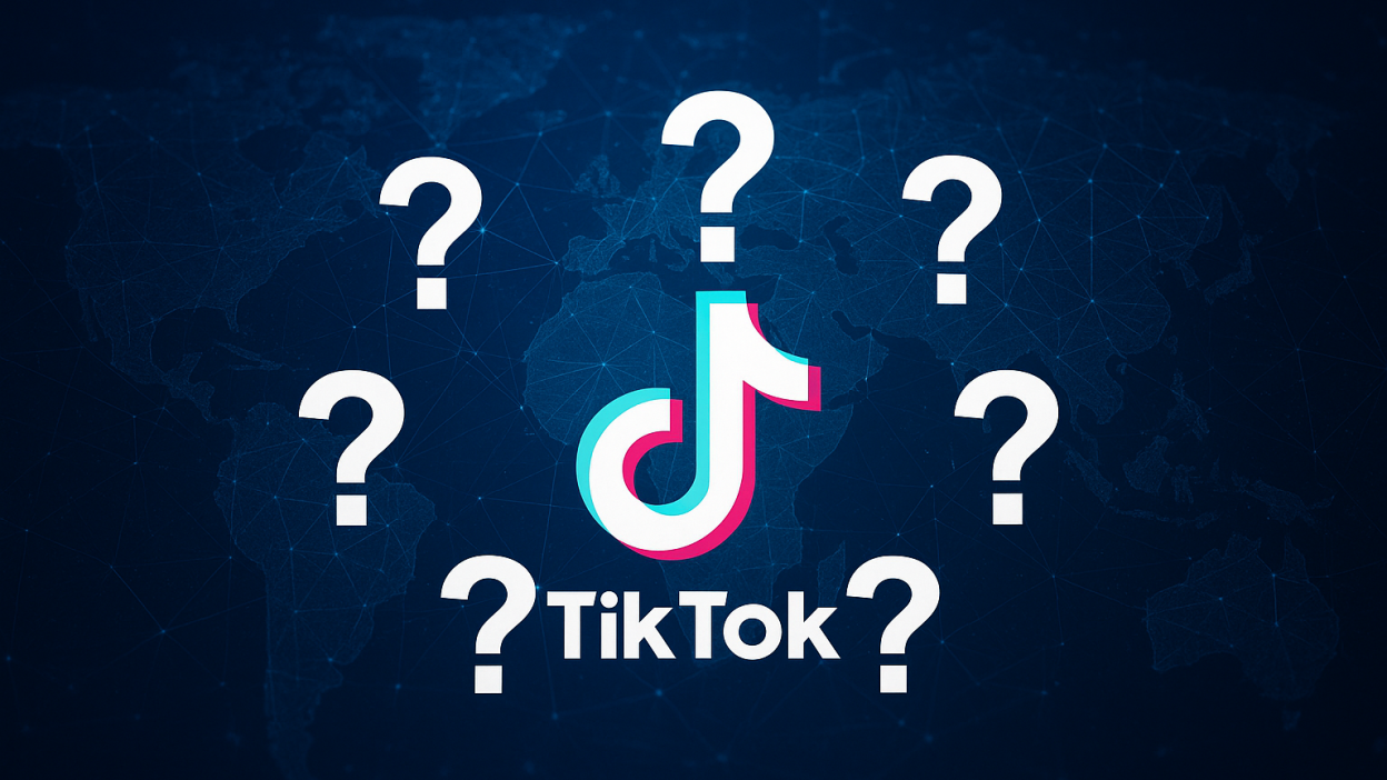 TikTok logo with global network and question marks symbolizing uncertainty.