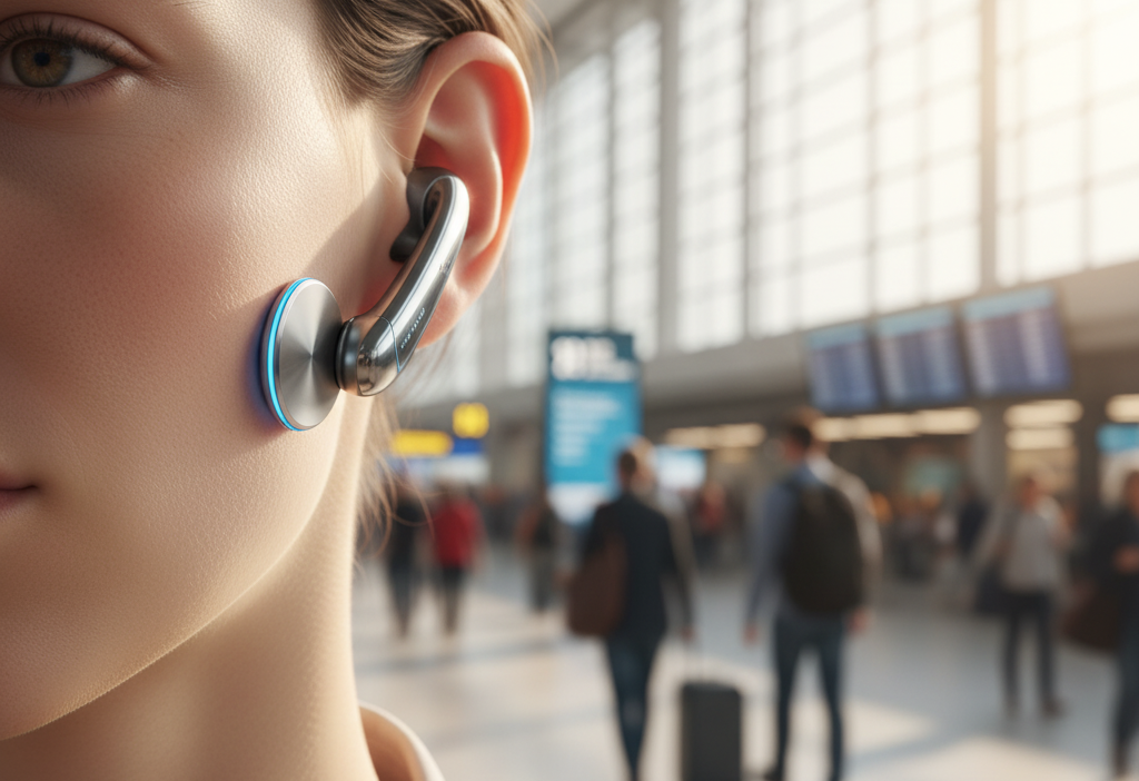 Timekettle W4 AI Interpreter earbuds in use, highlighting bone conduction technology for accurate real-time translation.