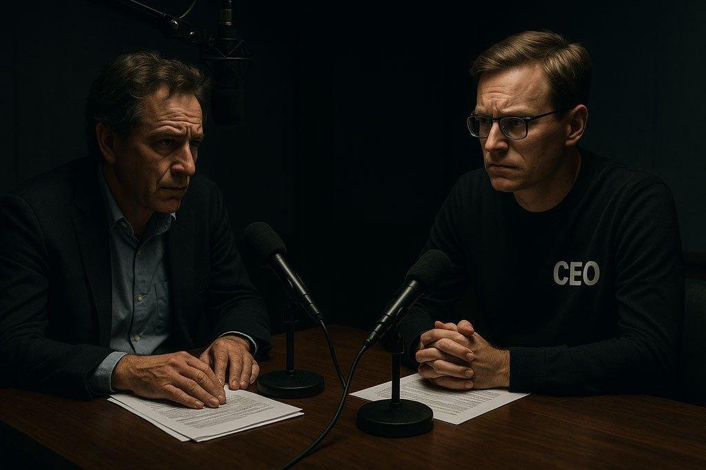 Two professionals in a tense interview discussing corporate accountability and ethical concerns in artificial intelligence development.