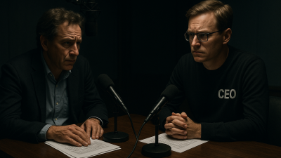 Two professionals in a tense interview discussing corporate accountability and ethical concerns in artificial intelligence development.