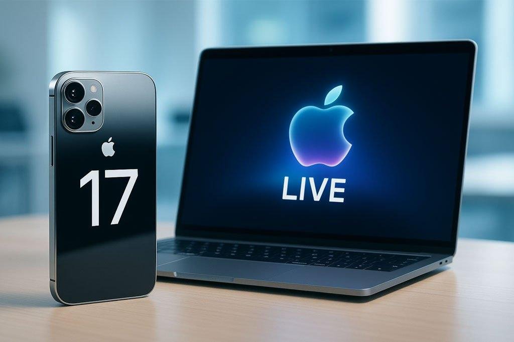 Ultra-thin iPhone 17 displayed on a desk with a laptop streaming Apple’s event live.