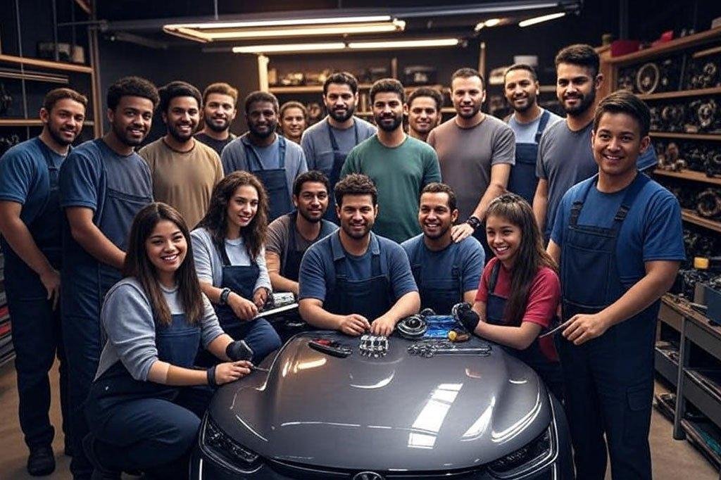 Graphic illustration of EV owners collaborating to repair and maintain vehicles, emphasizing community-driven innovation, teamwork, and technology.