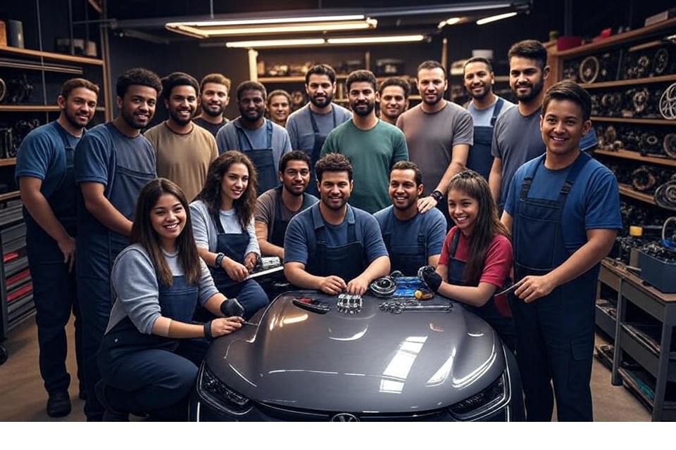 Graphic illustration of EV owners collaborating to repair and maintain vehicles, emphasizing community-driven innovation, teamwork, and technology.