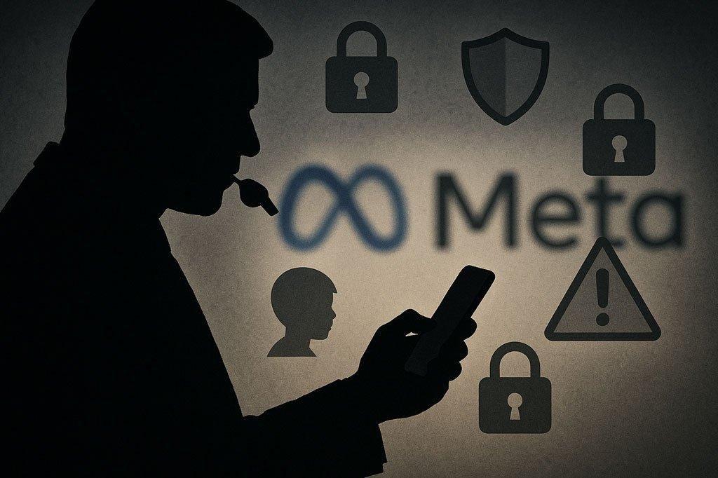 Whistleblower silhouette with Meta logo and digital safety icons, representing alleged suppression of research on children’s safety.