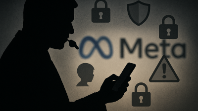 Whistleblower silhouette with Meta logo and digital safety icons, representing alleged suppression of research on children’s safety.