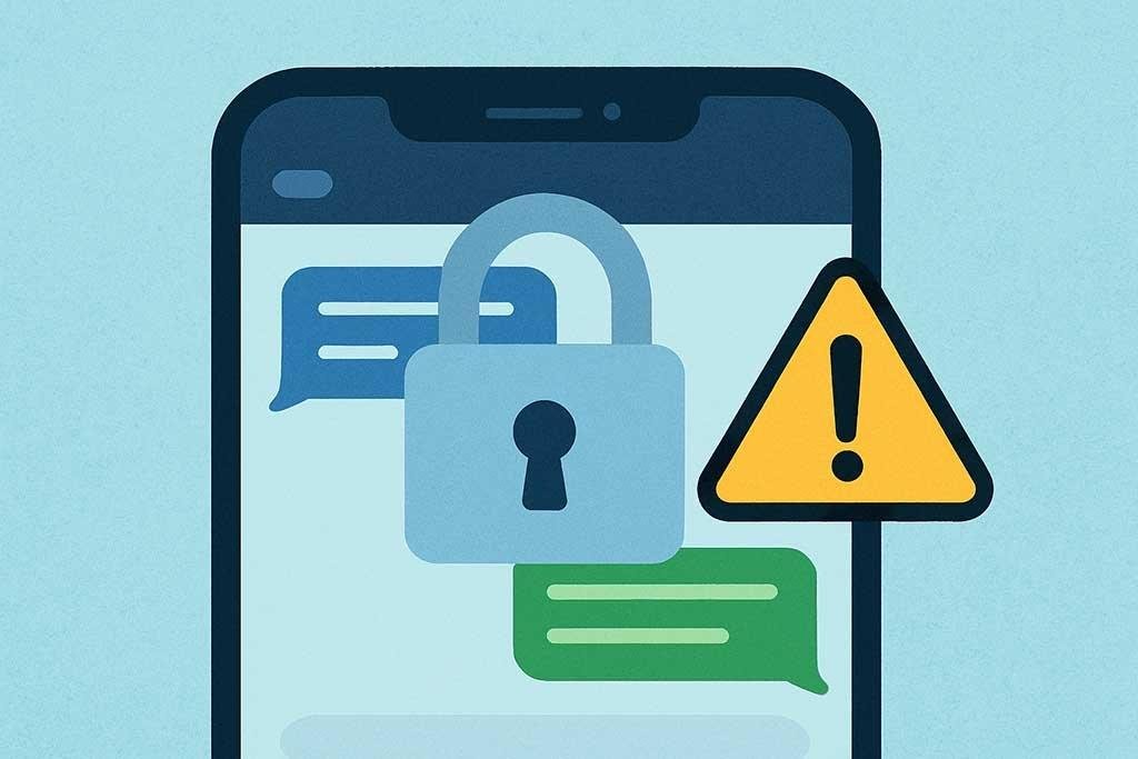 Chat app with lock icon showing end-to-end encryption, combined with a caution symbol indicating potential security risks.