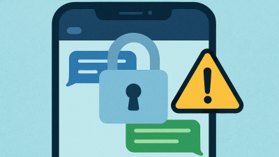 Chat app with lock icon showing end-to-end encryption, combined with a caution symbol indicating potential security risks.