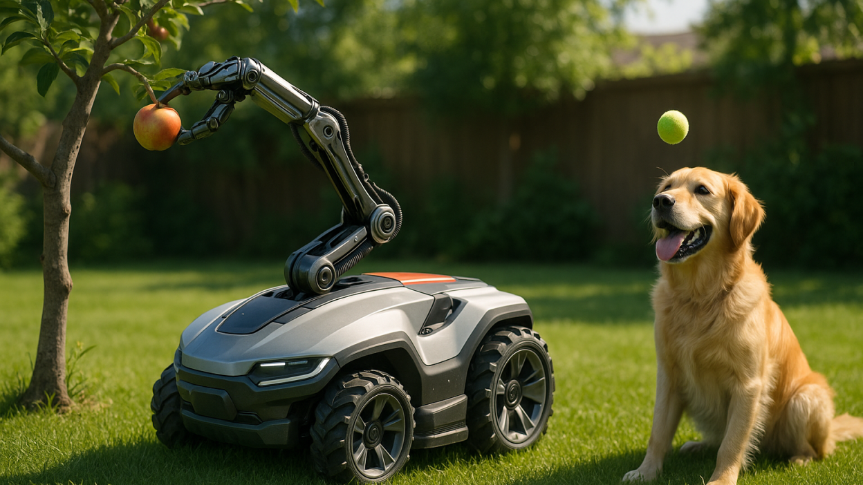 NexLawn Master X Series robot mower picking fruit and tossing a ball for a dog in a backyard.