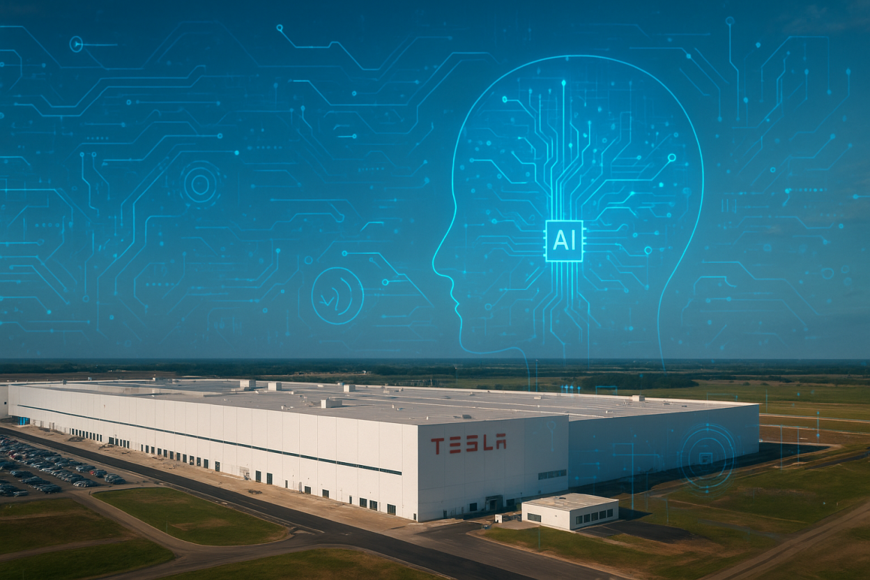 Tesla Gigafactory Texas with AI integration visualized.