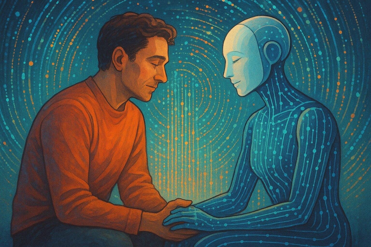 A person conversing with a glowing AI avatar in a calm digital environment.