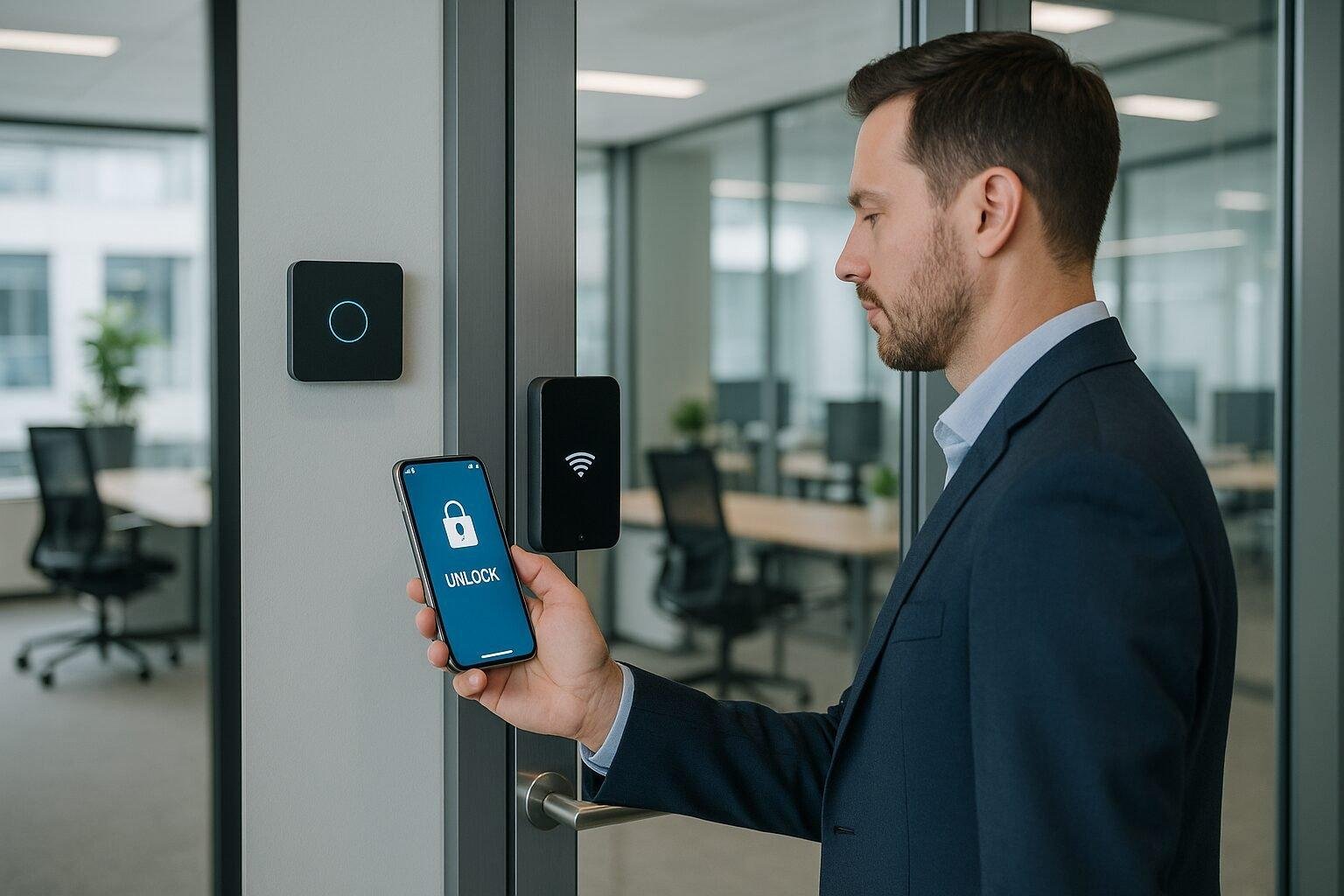 A person unlocking an office door with a smartphone using AccessGrid’s app.