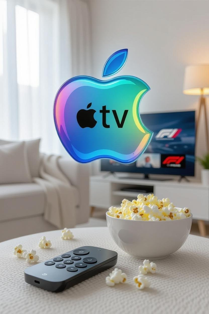 Cozy illustration of the new vibrant Apple TV logo and streaming setup for the 2025 rebrand.
