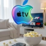 Cozy illustration of the new vibrant Apple TV logo and streaming setup for the 2025 rebrand.