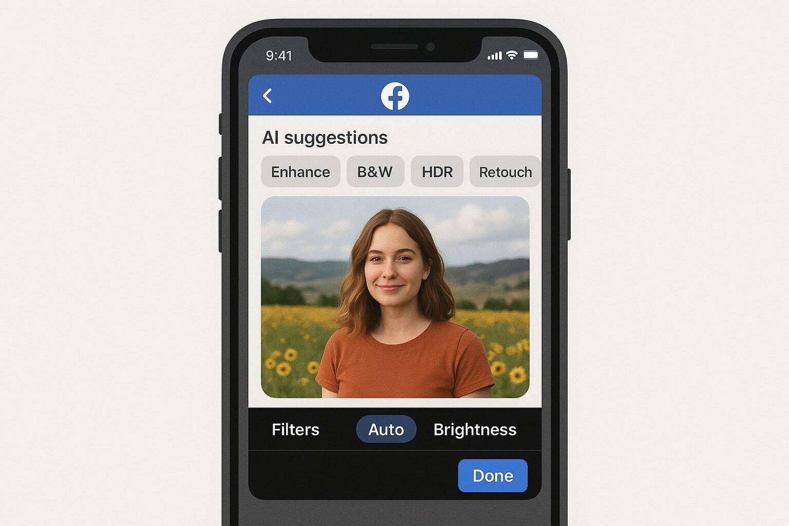 A smartphone displaying Facebook’s AI photo editing interface, highlighting smart suggestions like brightness adjustment, filters, and portrait enhancement. Bright, modern, user-friendly UI with vibrant photos on screen.
