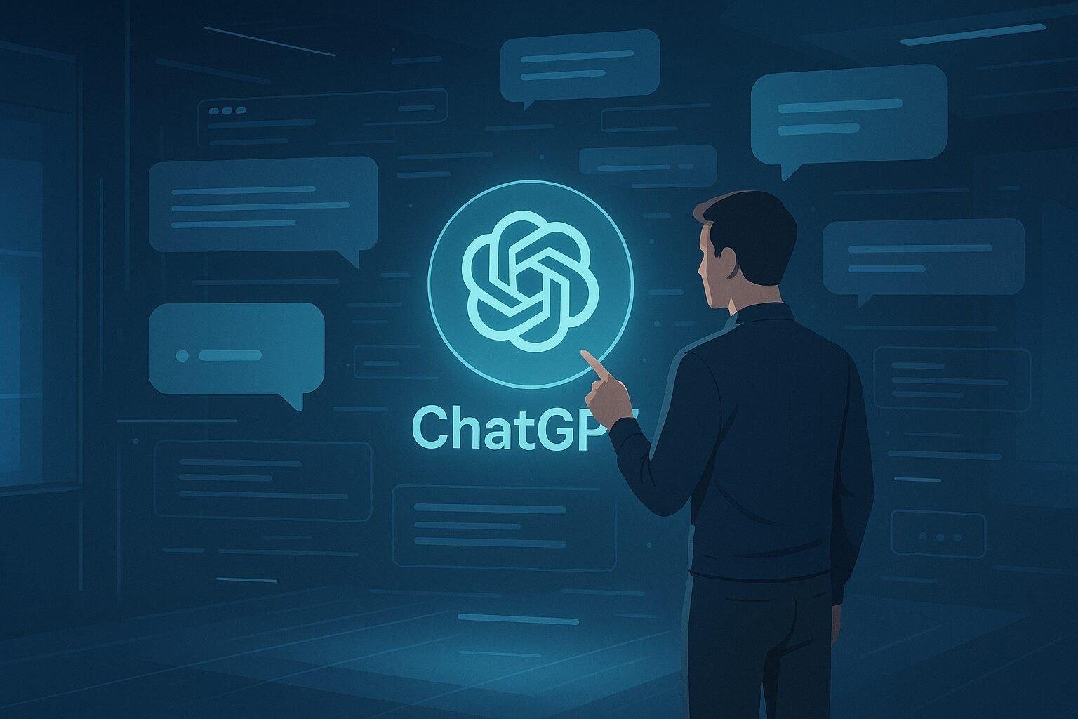 Person interacting with a conversational AI interface in a futuristic digital workspace.