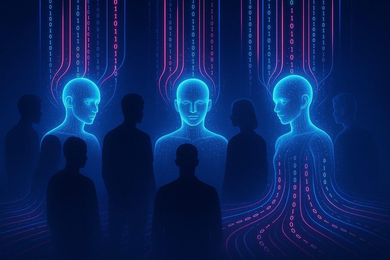 A digital art piece showing a human brain morphing into a neural network while glowing screens orbit around it.