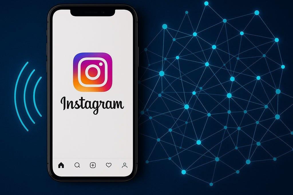 Instagram app illustration with AI data visualizations instead of sound waves.