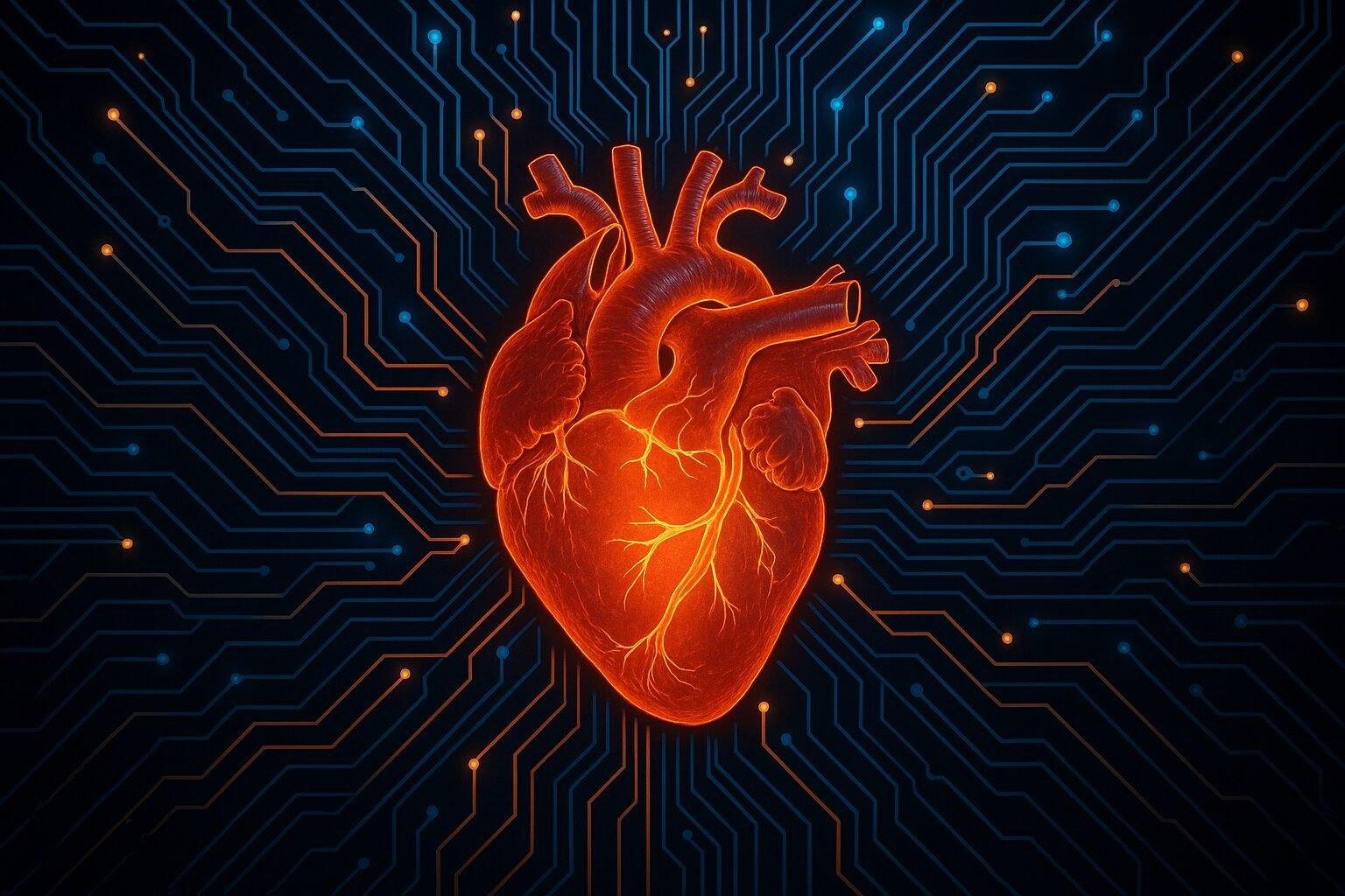 A digital fusion of a human heart and brain connected by luminous neural pathways.