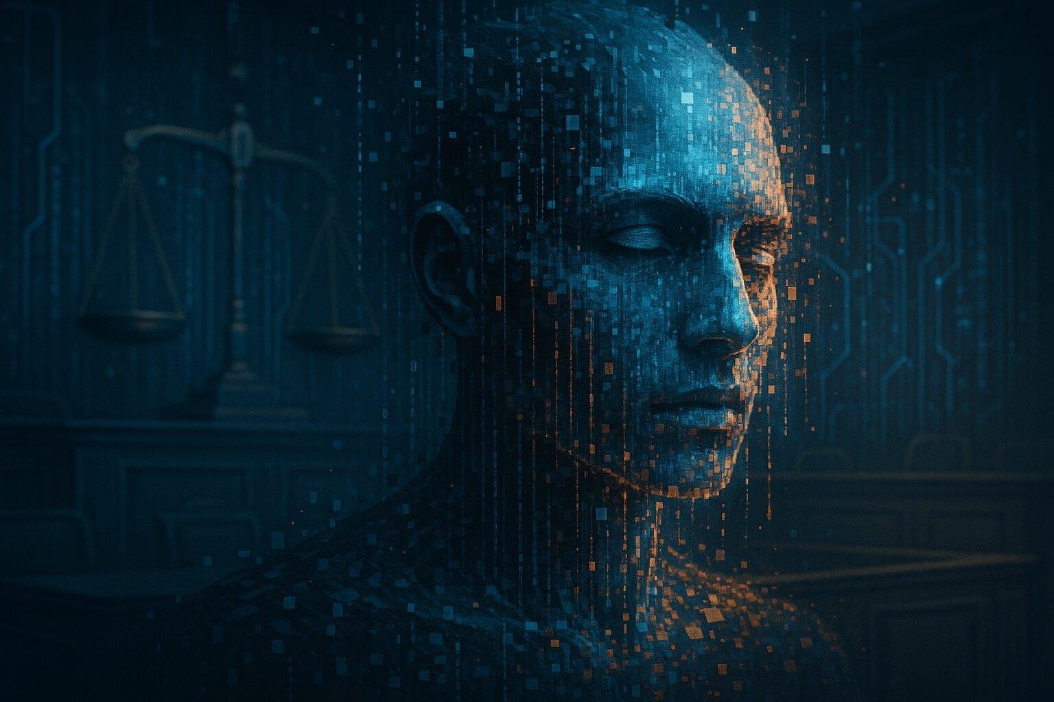 A human face transforming into data and code, representing AI-driven identity challenges.