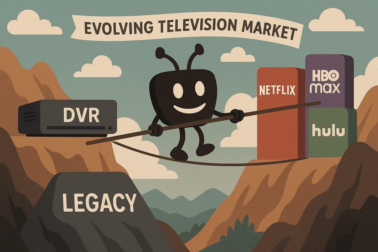 TiVo DVR device surrounded by streaming logos and traditional cable symbols, representing old vs. new TV technologies