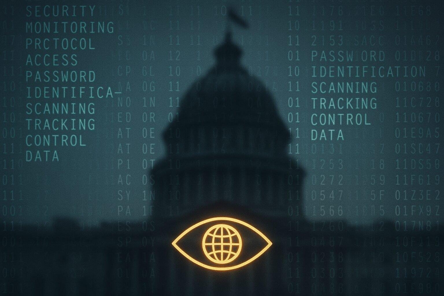 Conceptual illustration of global surveillance through digital spyware technology.