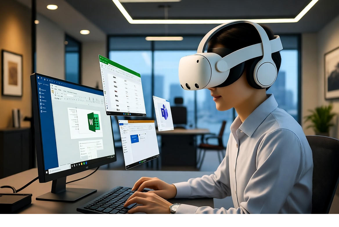 A user wearing Meta Quest 3 surrounded by floating Windows 11 screens in a bright, minimal workspace.