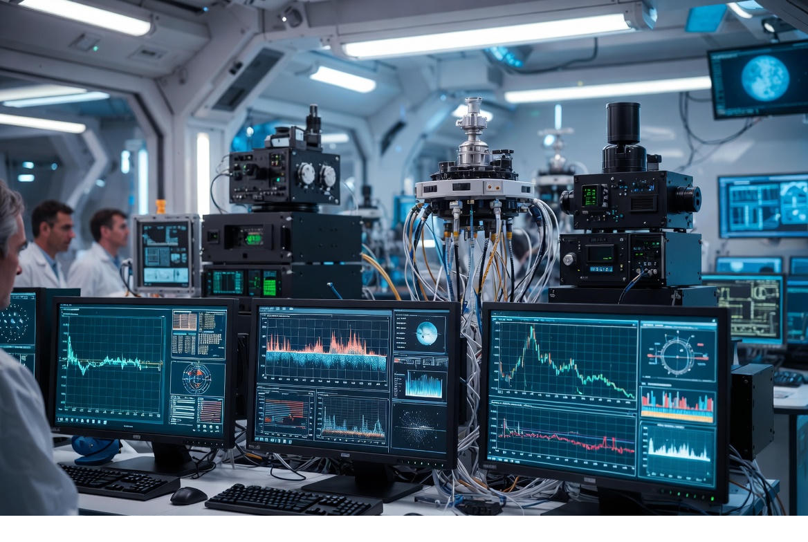 Visualize an AI interface scanning exoplanets for chemical biomarkers, with holographic planetary data and spectral analysis graphics.