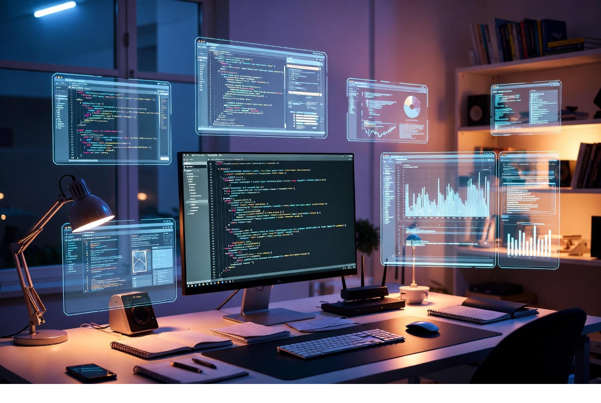 A developer working side-by-side with an AI tool, code suggestions floating in holographic overlays.