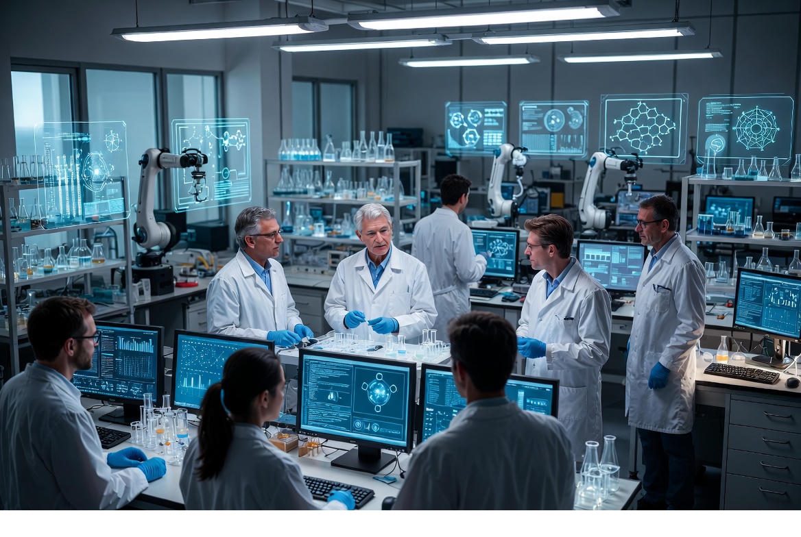 A futuristic laboratory with scientists and AI-powered molecular analysis screens, representing UK pharmaceutical innovation