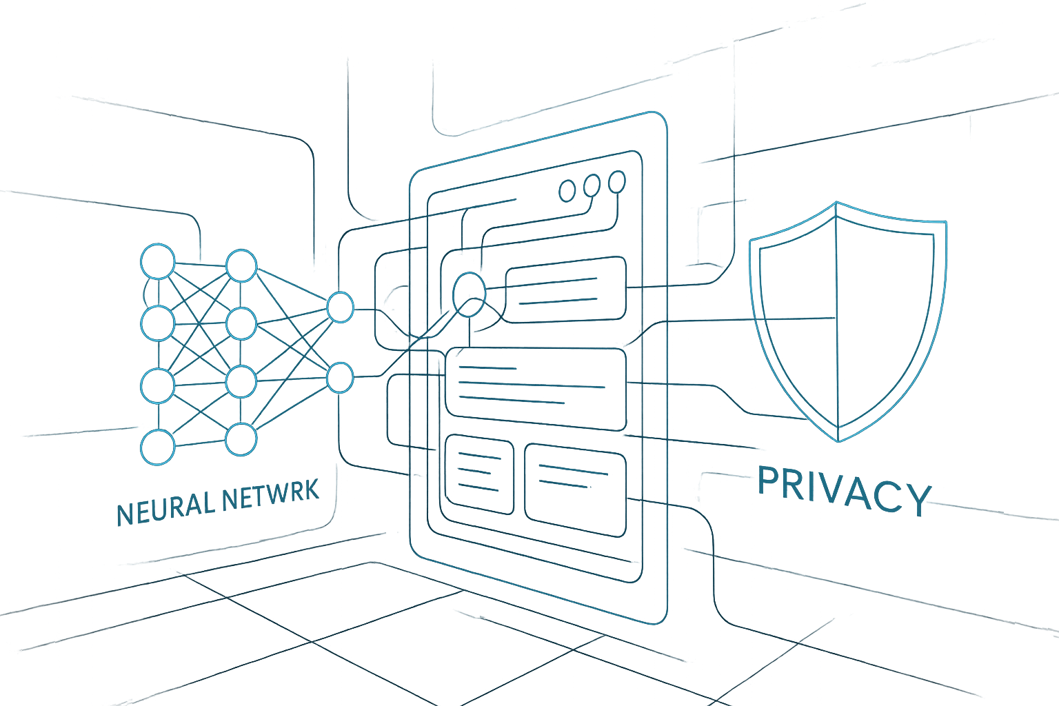 A visual metaphor of design software, neural networks, and data privacy intersecting.