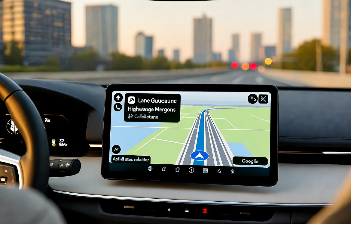 Polestar 4 dashboard displaying Google Maps lane merge guidance with real-time AI navigation.