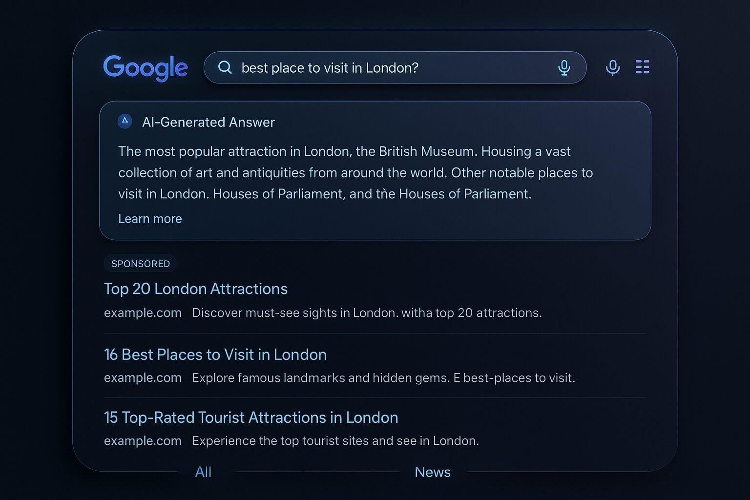Visualize a clean, modern Google Search interface featuring AI-generated summaries with labeled ad placements.