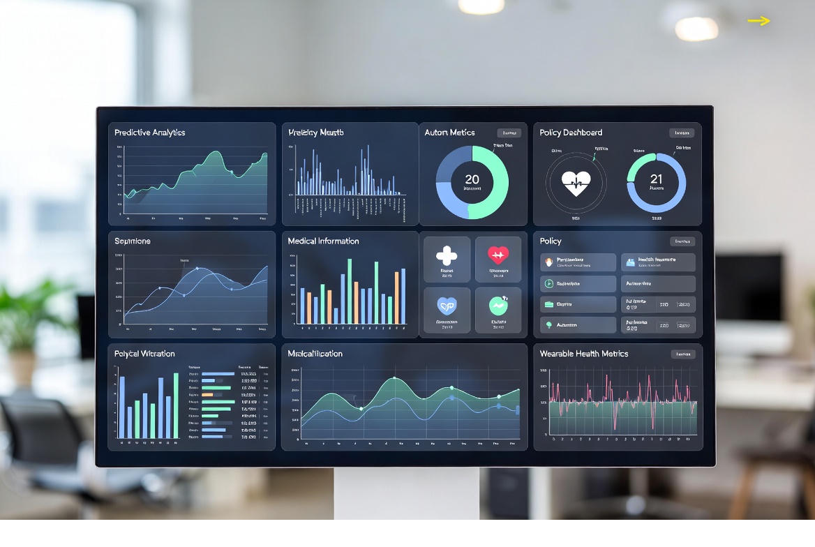 A futuristic illustration of AI analyzing medical data to determine health insurance coverage.