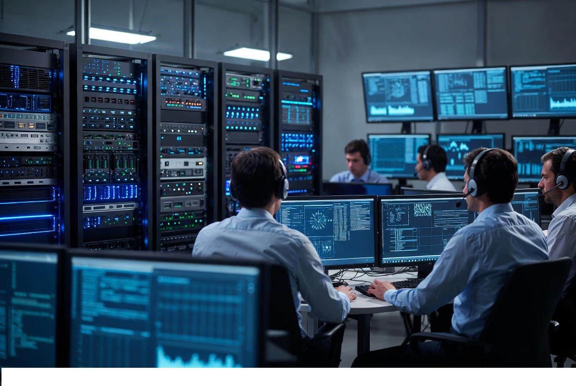 Visualize a digital network with AI algorithms detecting fraudulent activity across emails, apps, and devices. Include a human figure monitoring alerts and notifications.