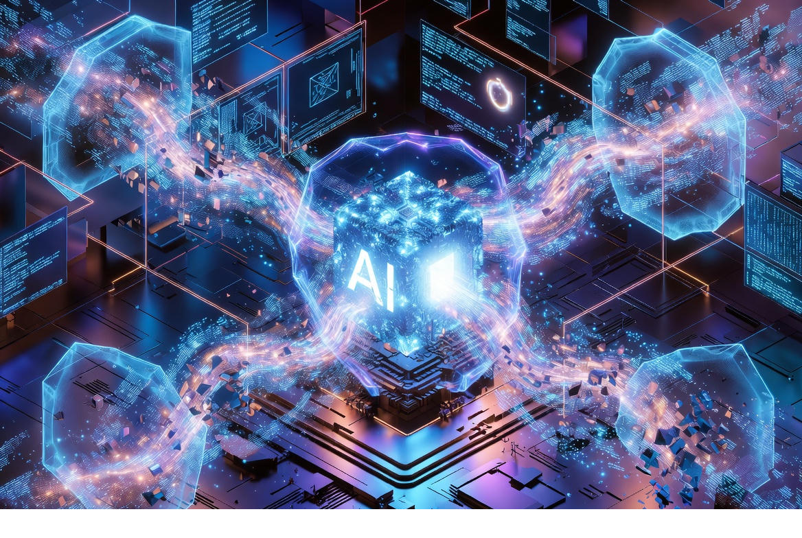 Abstract visualization of an AI core surrounded by digital defenses blocking malicious data streams.