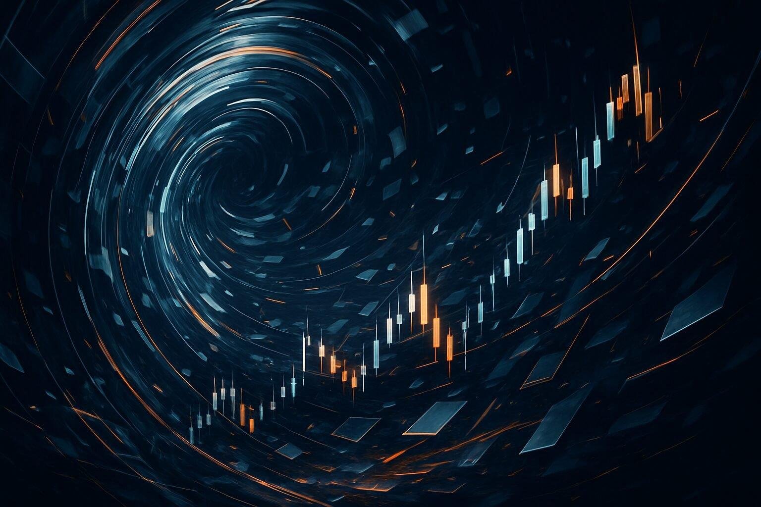 Abstract digital artwork symbolizing market volatility and the convergence of AI and crypto disruptions.