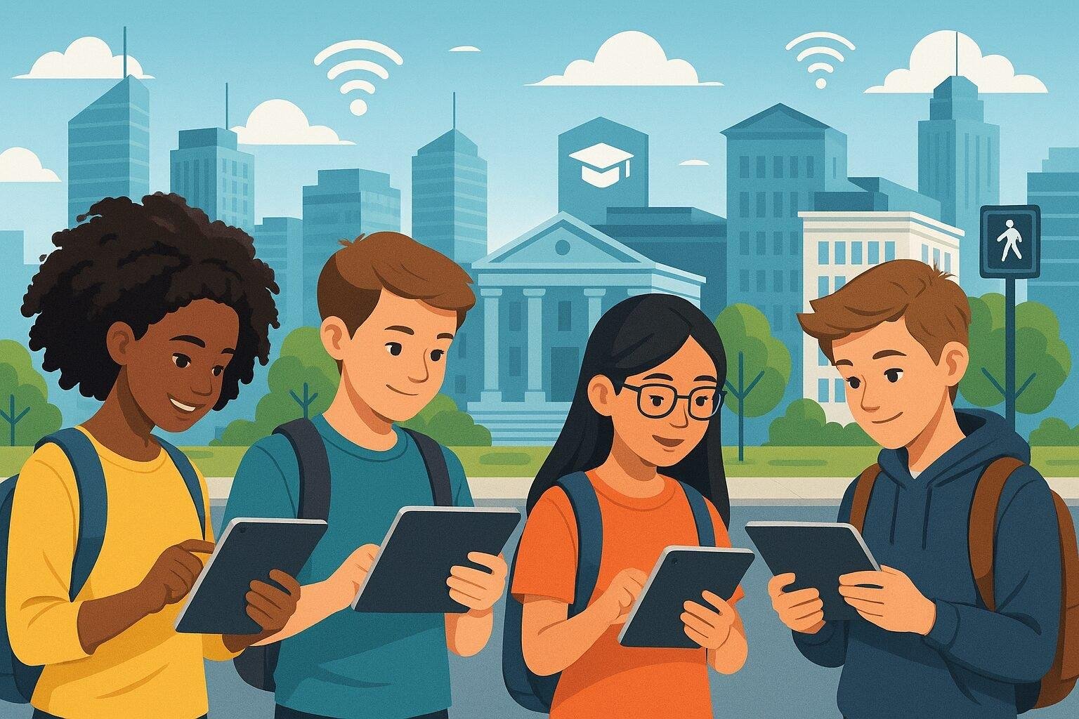 A rural classroom in China using AI-powered learning tools, connected via cloud services.