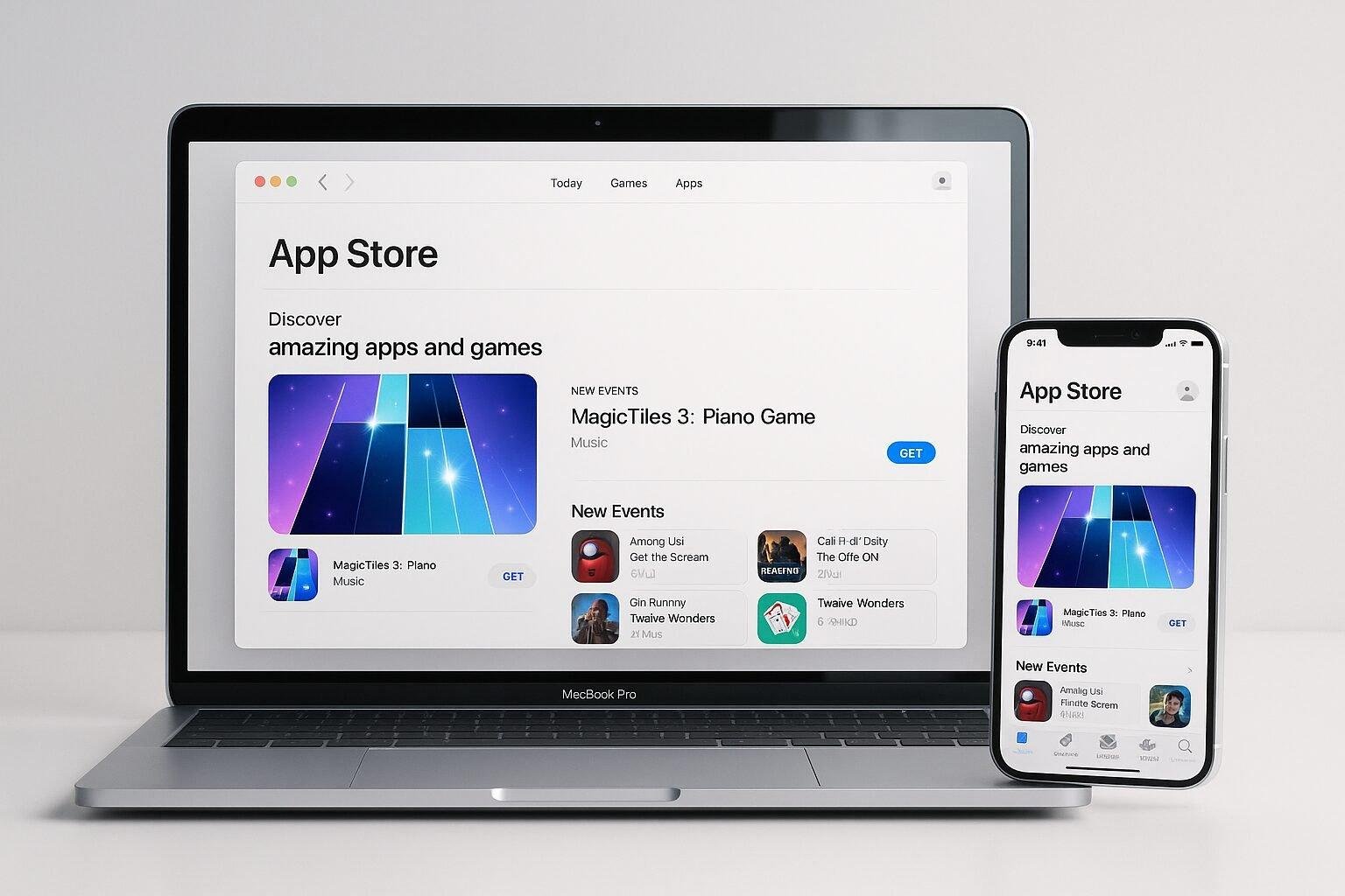 A modern web interface displaying Apple’s App Store on desktop and mobile screens.