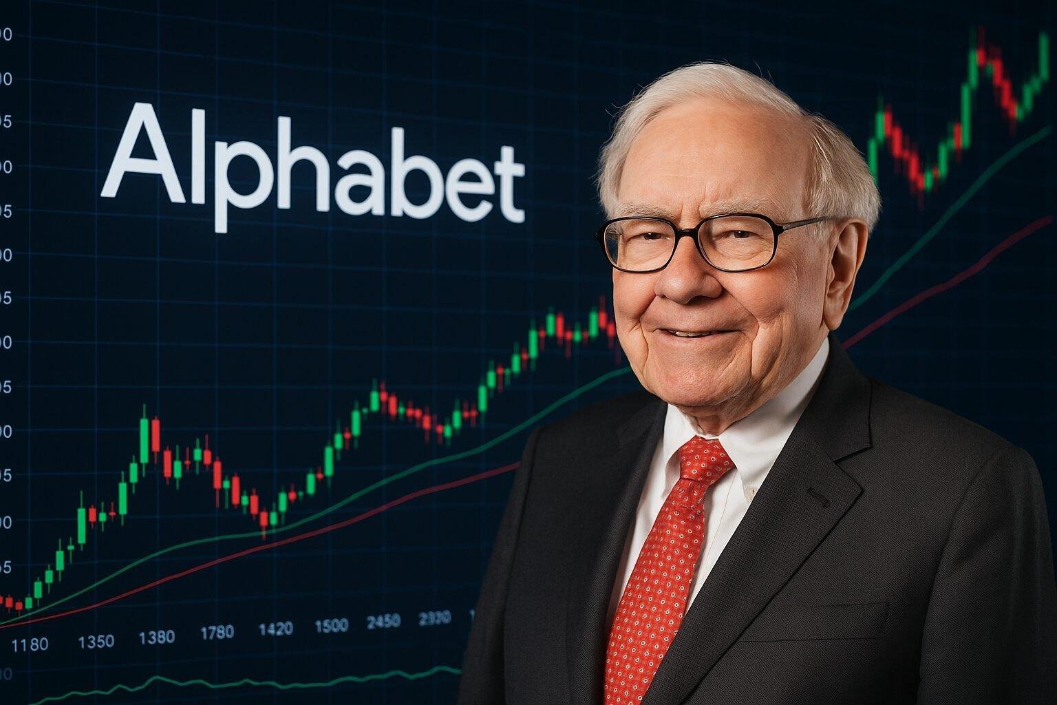 Illustration showing Warren Buffett with Alphabet’s logo, stock market charts, and a digital depiction of $4.9 billion investment impact.