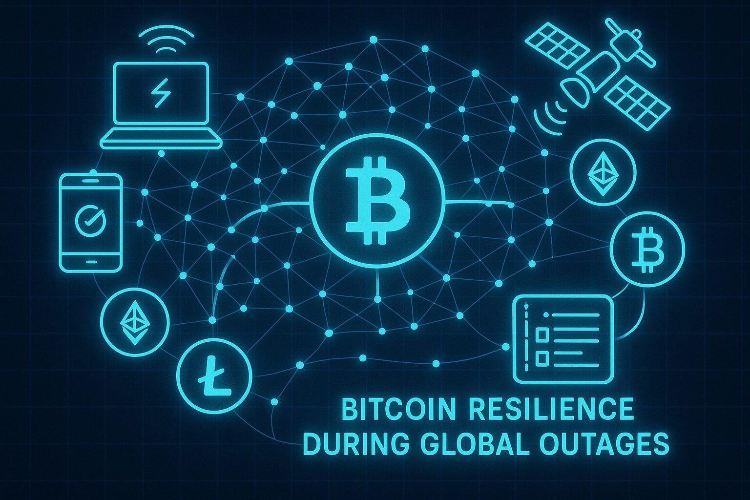 Illustration of Bitcoin payments continuing via mesh networks and satellite connectivity while traditional banks and card systems are offline.